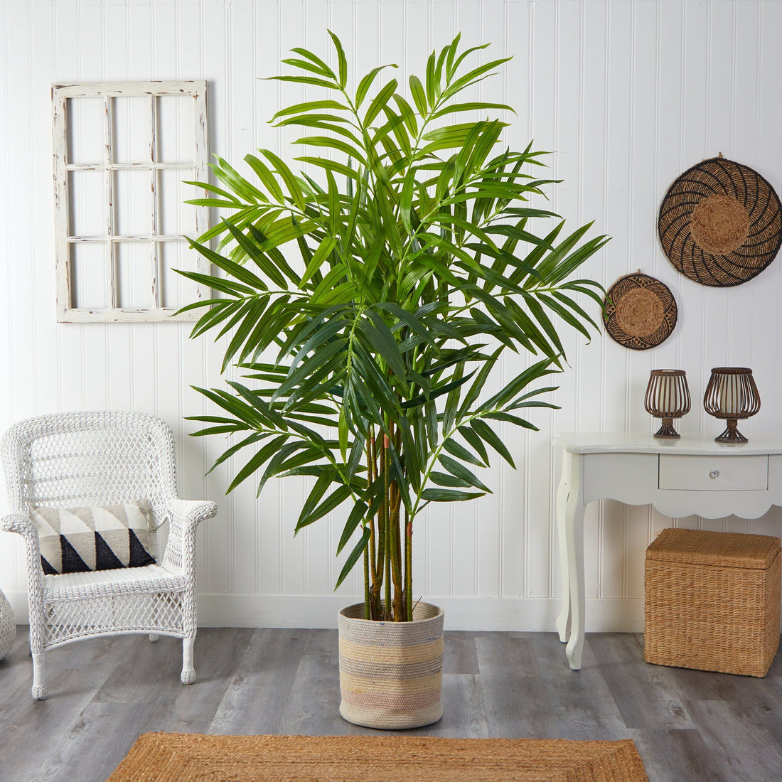 king palm house plant Nearly Natural 8ft. King Palm Artificial Tree in Handmade Natural Cotton Multicolored Woven Planter