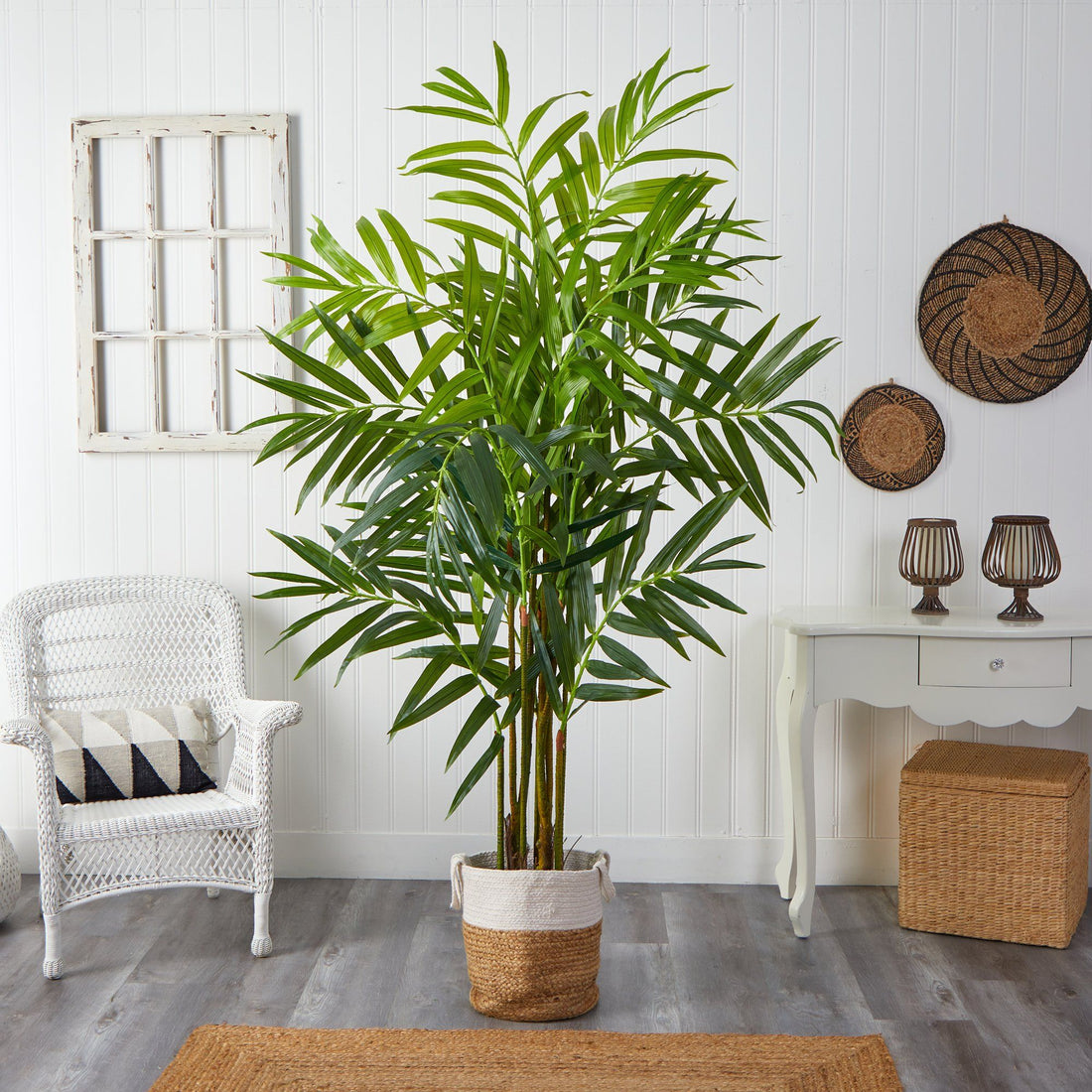 king palm plants 8' King Palm Artificial Tree with 12 Bendable Branches in Handmade Natural  Jute and Cotton Planter