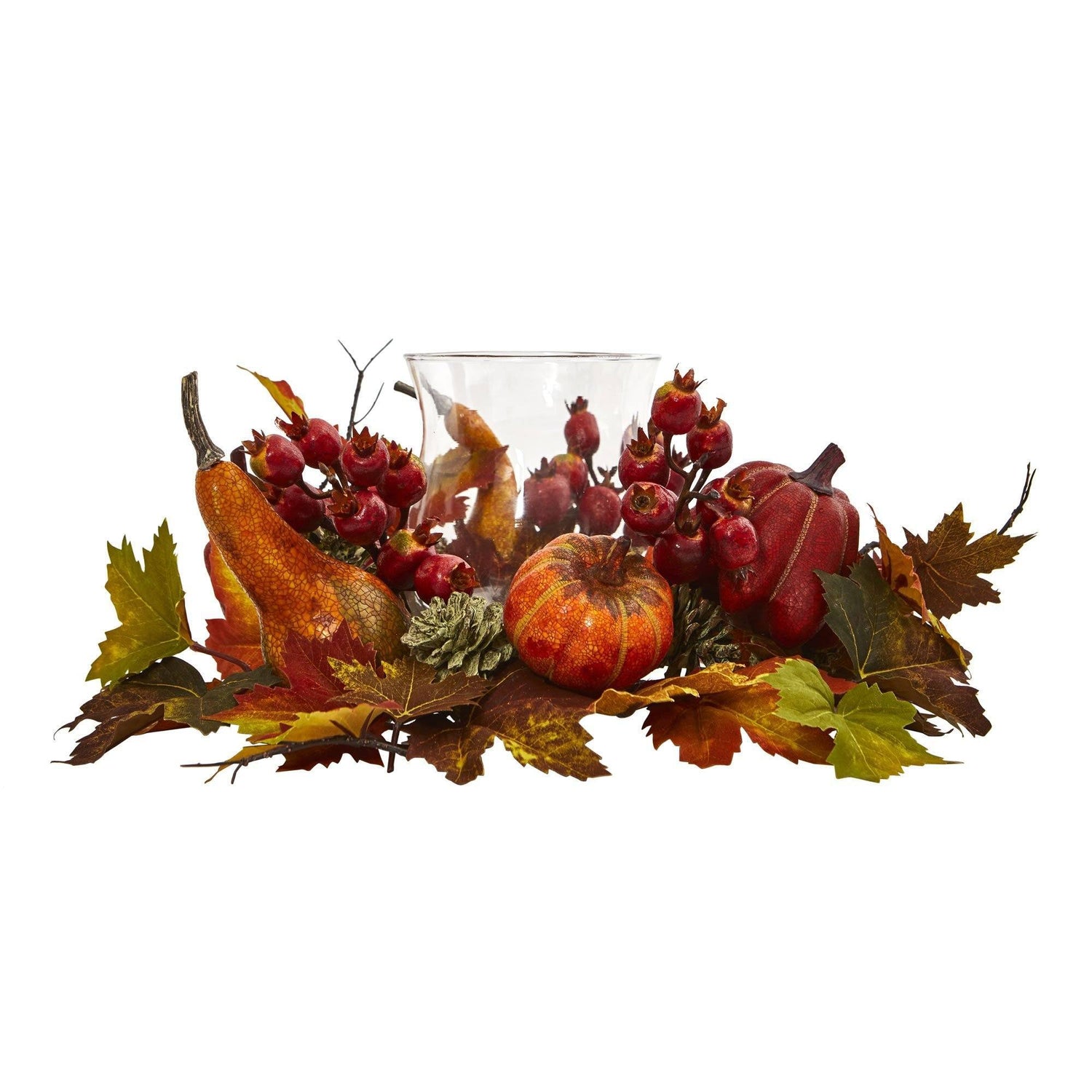 8" Pumpkin, Gourd, Berry and Maple Leaf Artificial Arrangement Candelabrum"