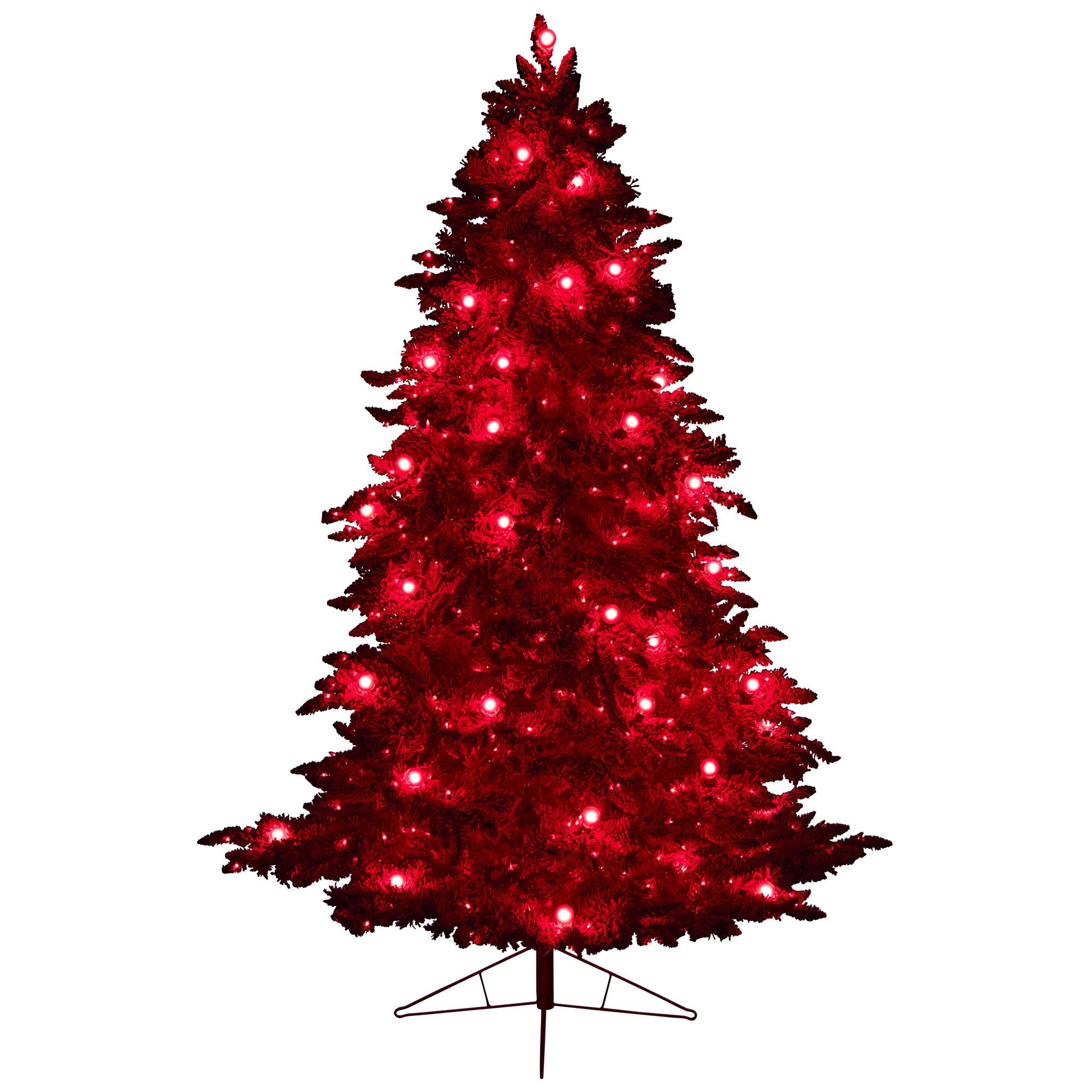 8' Red Flocked Fraser Fir Tree with 700 Red Lights, 45 Globe Bulbs