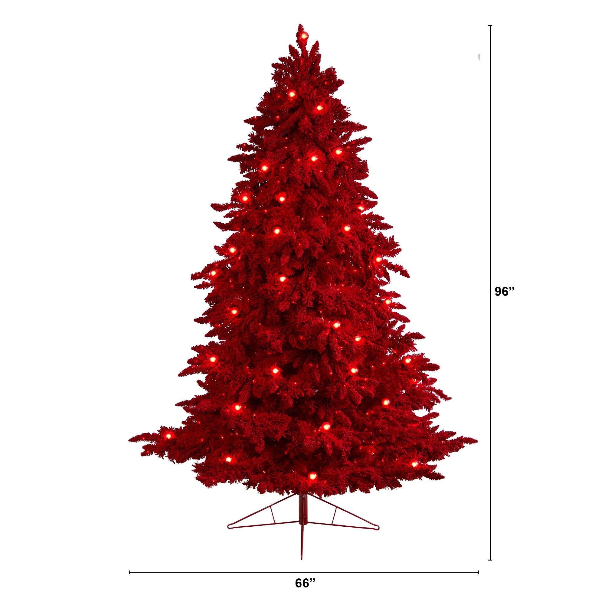 8' Red Flocked Fraser Fir Tree with 700 Red Lights, 45 Globe Bulbs