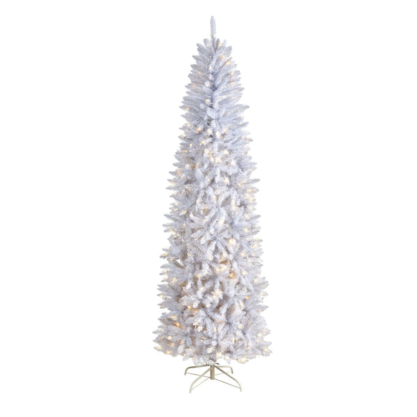 8’ Slim White Artificial Christmas Tree with 400 Warm White LED Lights and 1348 Bendable Branches