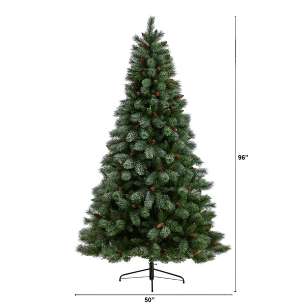8’ Snowed French Alps Mountain Pine Christmas Tree with 1159 Bendable Branches and Pine Cones