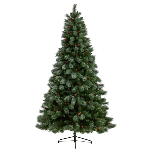 8’ Snowed French Alps Mountain Pine Christmas Tree with 1159 Bendable Branches and Pine Cones