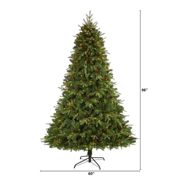 8’ Wellington Spruce “Natural Look” Artificial Christmas Tree with 550 Clear LED Lights and Pine Cones