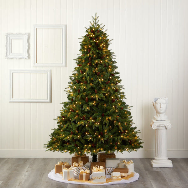 8’ Wellington Spruce “Natural Look” Artificial Christmas Tree with 550 Clear LED Lights and Pine Cones