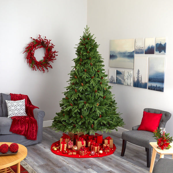 8’ Wellington Spruce “Natural Look” Artificial Christmas Tree with 550 Clear LED Lights and Pine Cones