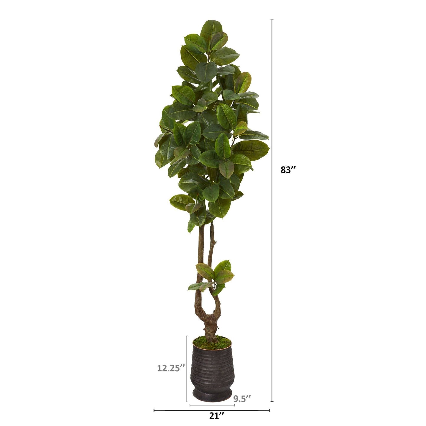 83” Rubber Leaf Artificial Tree in Ribbed Metal Planter (Real Touch ...