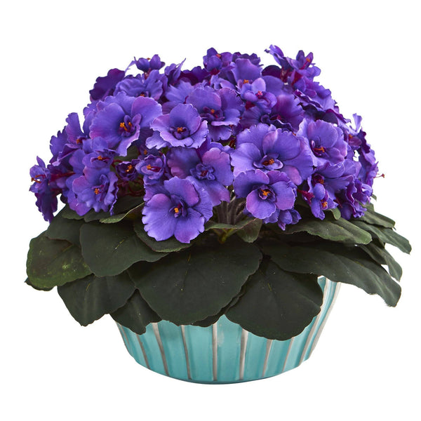 9” African Violet Artificial Plant in Turquoise Vase