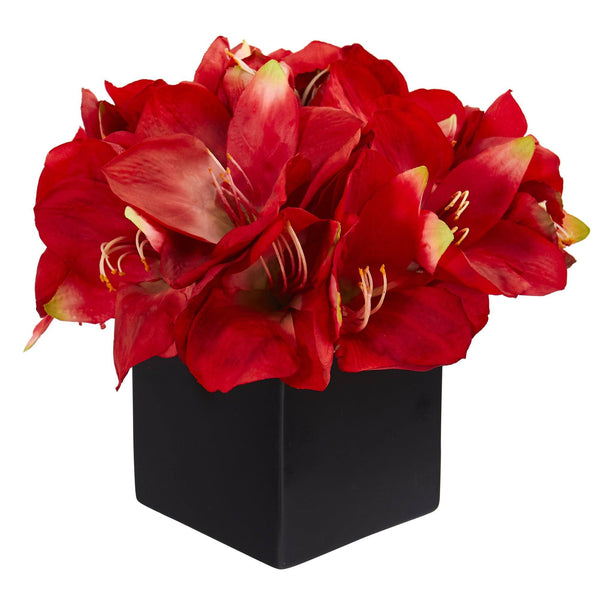 9” Amaryllis Artificial Arrangement in Black Vase
