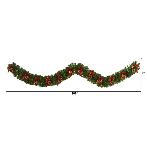 9’ Bow and Pinecone Artificial Christmas Garland with 35 Clear LED Lights