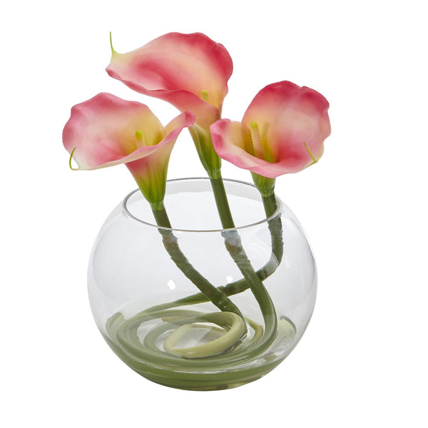 9’’ Calla Lily Artificial Arrangement in Rounded Glass Vase