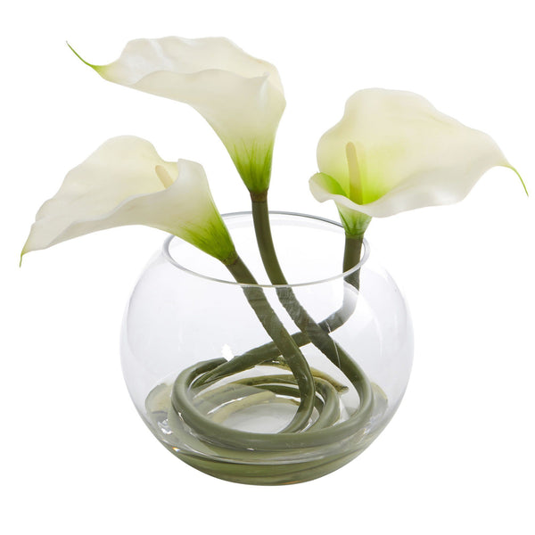 9’’ Calla Lily Artificial Arrangement in Rounded Glass Vase