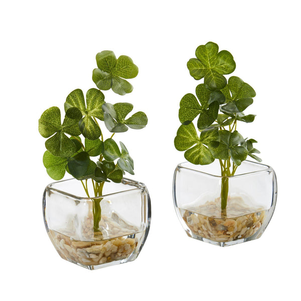 9” Clover Artificial Plant in Glass Planter (Set of 2)