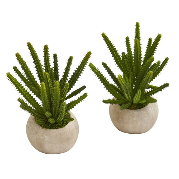 9” Finger Cactus Artificial Plant in Stone Planter (Set of 2)