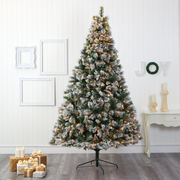 9’ Flocked Oregon Pine Artificial Christmas Tree with 600 Clear Lights and 1580 Bendable Branches