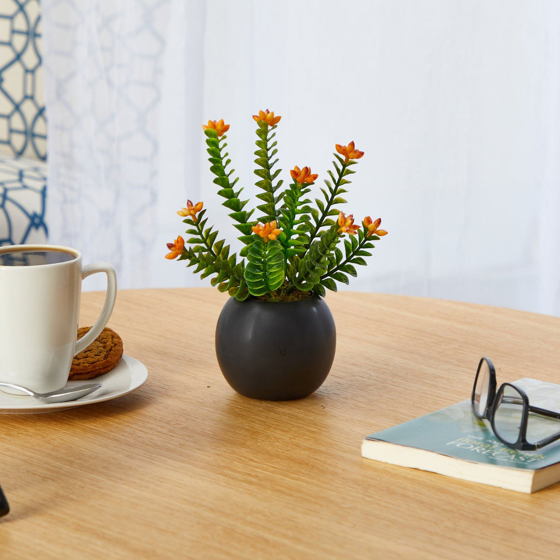 black sedum succulent 9” Flowering Sedum Succulent Artificial Plant in Black Planter