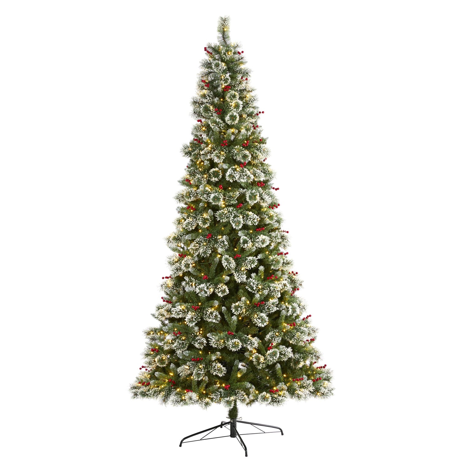 9’ Frosted Swiss Pine Artificial Christmas Tree with 700 Clear LED Lights and Berries