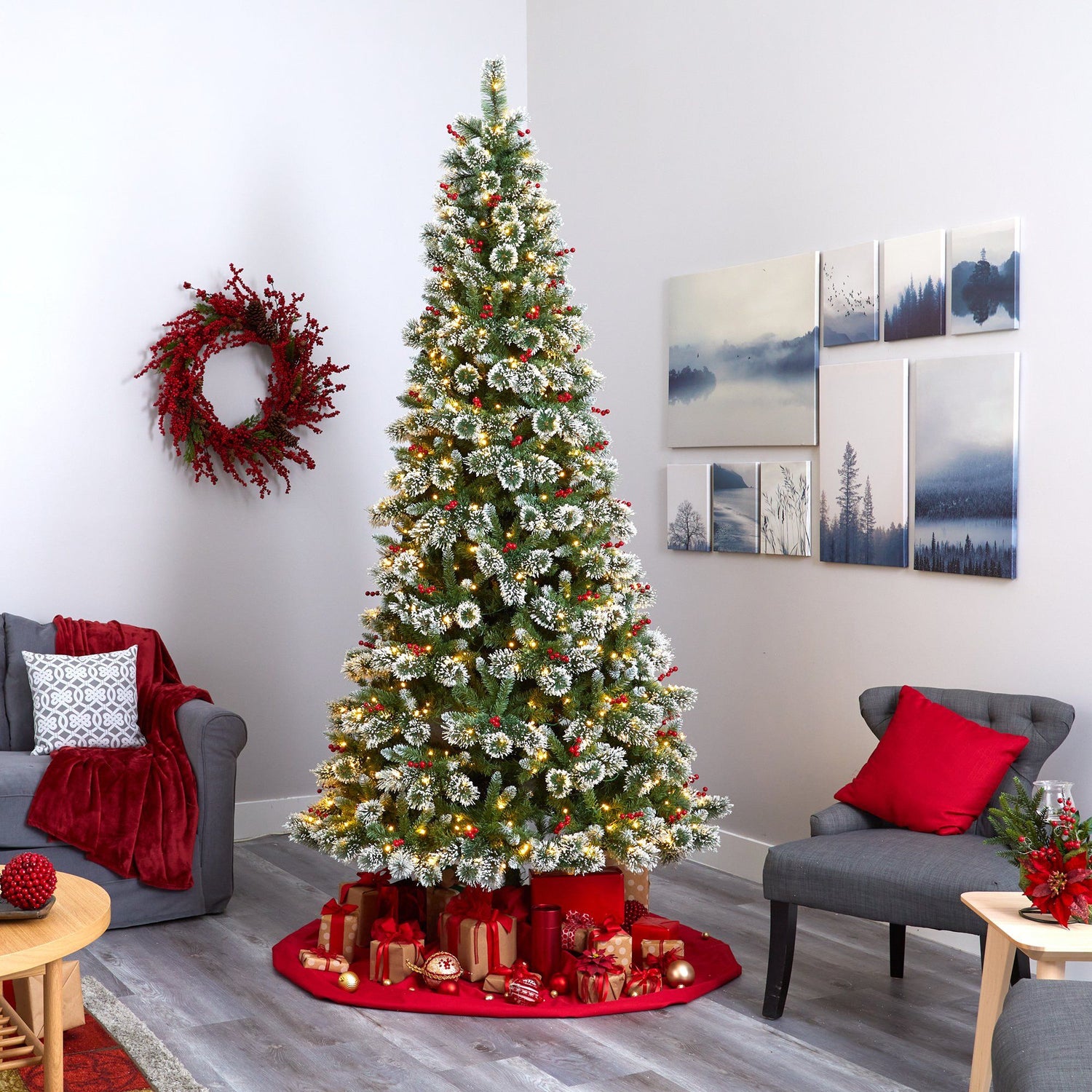 Nearly Natural 9ft. Frosted Swiss Pine Artificial Christmas Tree with 700 Clear LED Lights and Berries