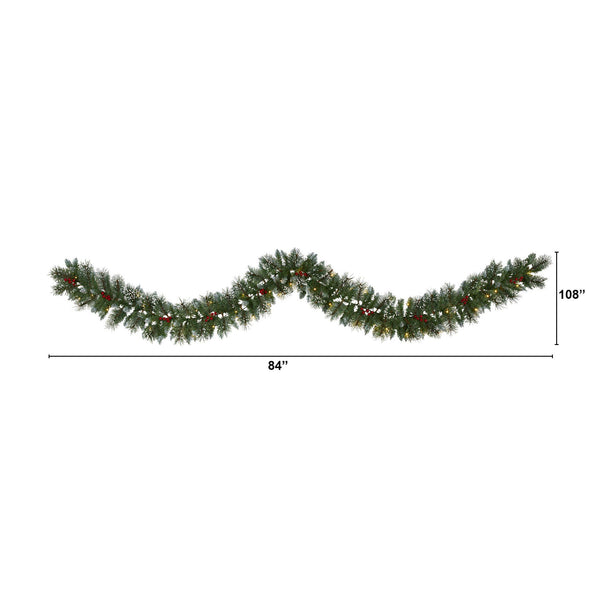 9’ Frosted Swiss Pine Artificial Garland with 50 Clear LED Lights and Berries