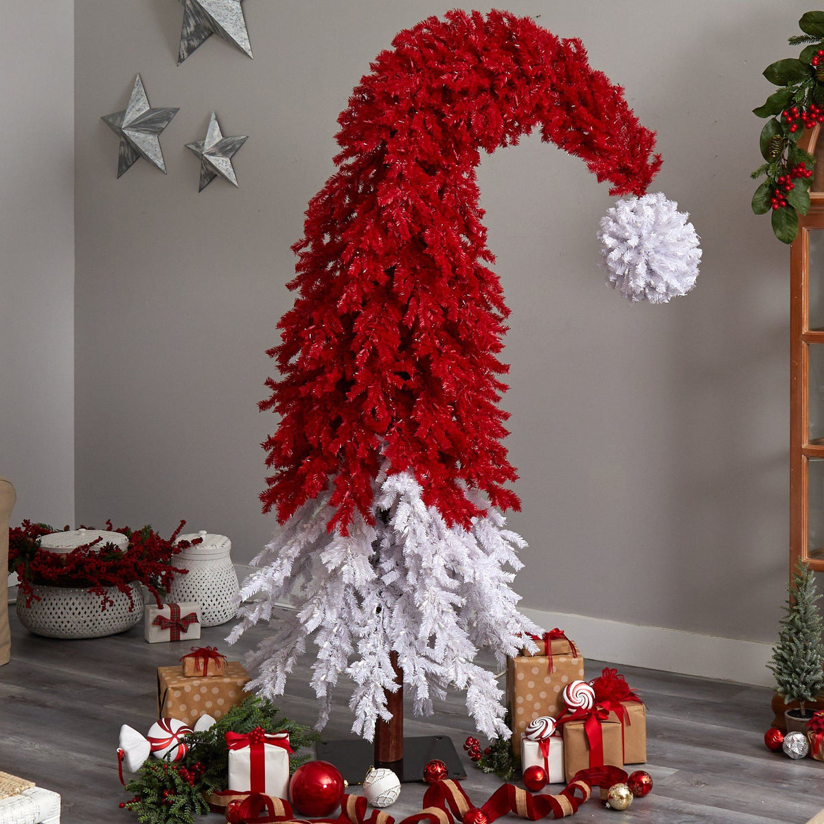 Santa Tree 9’ Holiday Red Santa’s Hat Christmas Tree with 600 LED lights and 1992 ...