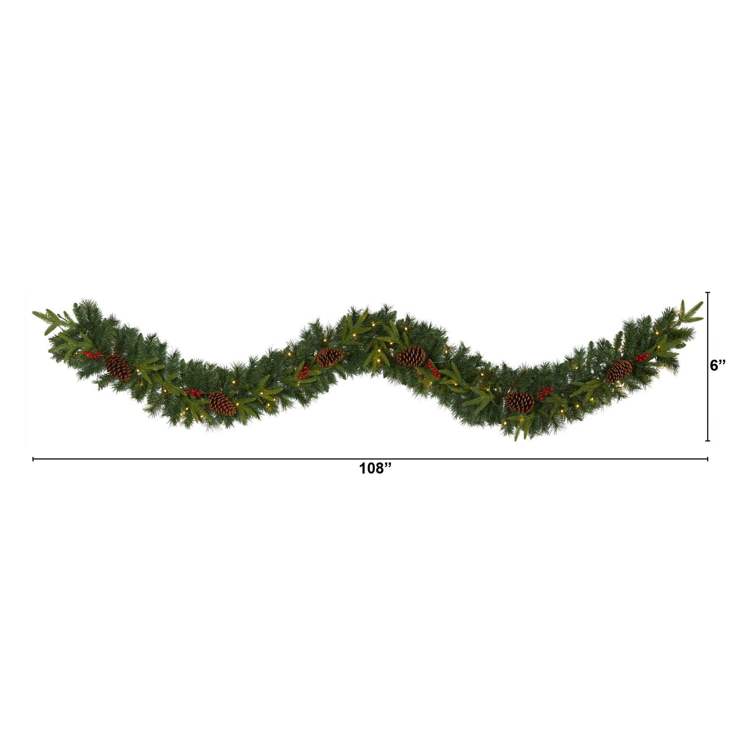 9’ Mixed Pine Artificial Christmas Garland with 50 Clear LED Lights, Berries and Pinecones