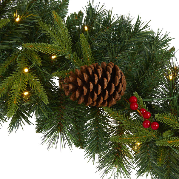 9’ Mixed Pine Artificial Christmas Garland with 50 Clear LED Lights, Berries and Pinecones