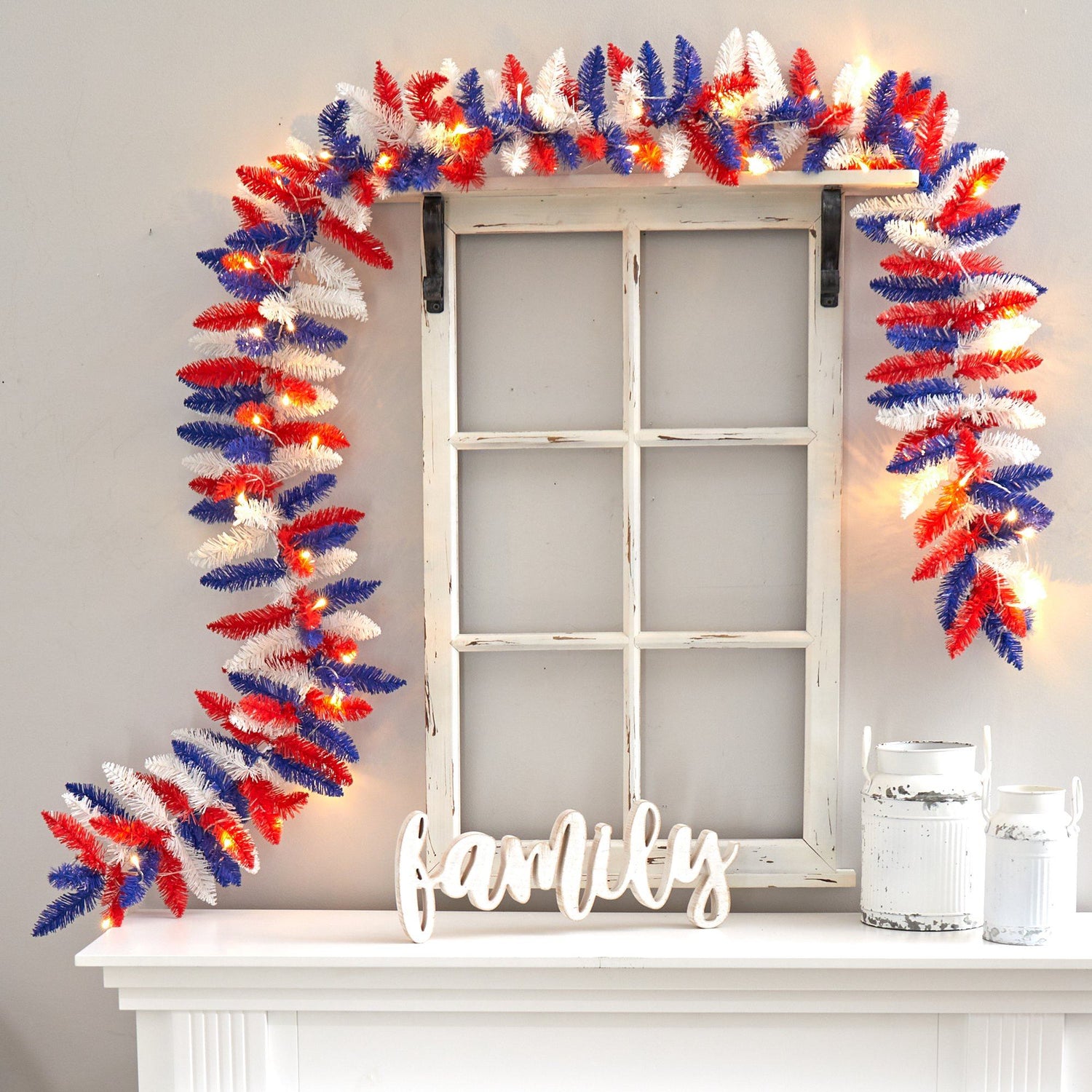 9’ Patriotic “American Flag” Themed Artificial Garland with 50 Warm LED Lights