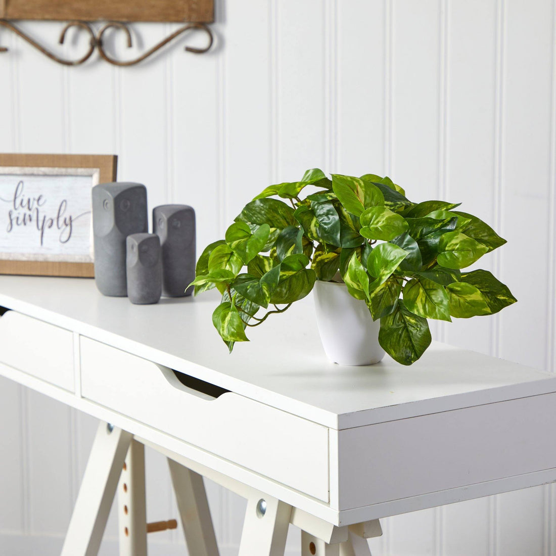 pothos desk plant 9" Artificial "Real Touch" Pothos in White Planter