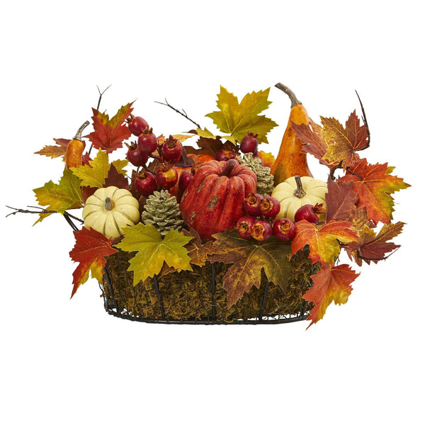 9" Pumpkin, Gourd, Berry and Maple Leaf Artificial Arrangement"