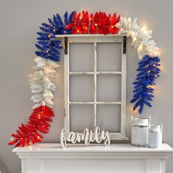 9’ Red, White and Blue “Americana” Artificial Garland with 50 Warm LED Lights