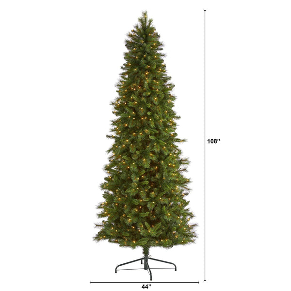9’ Slim West Virginia Mountain Pine Artificial Christmas Tree with 600 Clear Lights and 1359 Bendable Branches