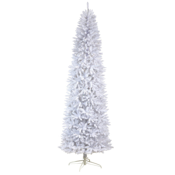 9’ Slim White Artificial Christmas Tree with 600 Warm White LED Lights and 1860 Bendable Branches