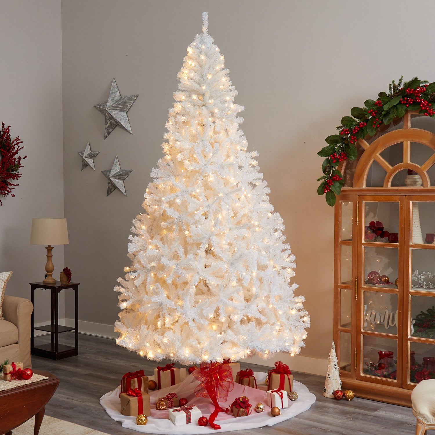 9' White Artificial Christmas Tree with 1860 Bendable Branches and 650 LED Lights