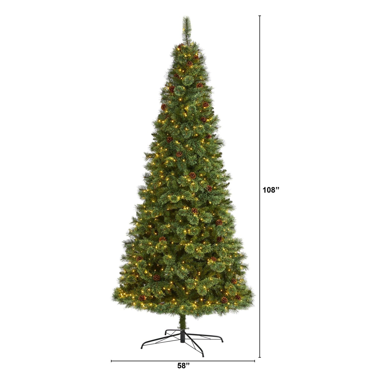 9’ White Mountain Pine Artificial Christmas Tree with 650 Clear LED Lights and Pine Cones