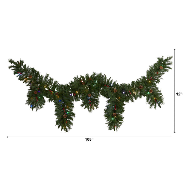 9' x 12” Hanging Icicle Artificial Christmas Garland with 50 Multicolored LED Lights, Berries and Pine Cones