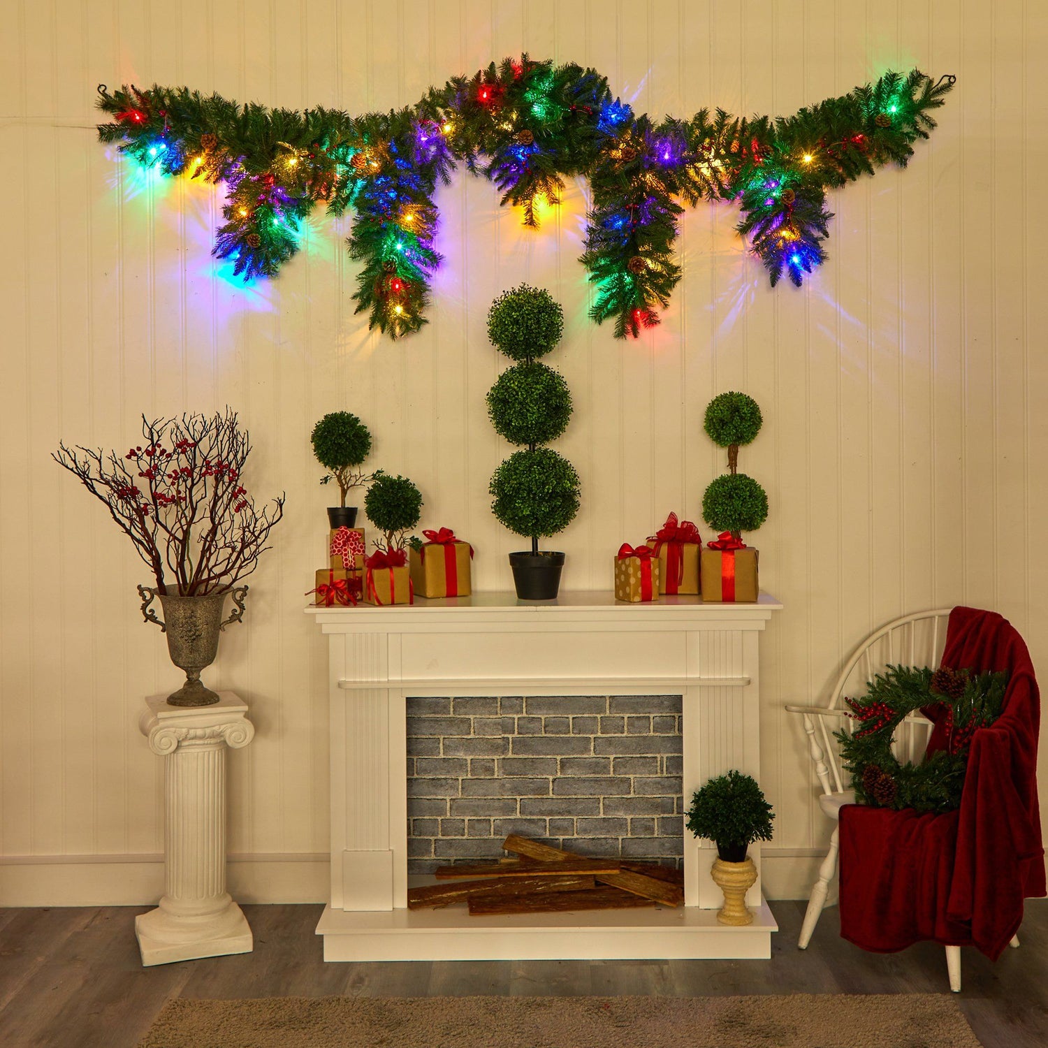 9' x 12” Hanging Icicle Artificial Christmas Garland with 50 Multicolored LED Lights, Berries and Pine Cones