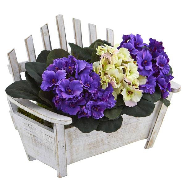 African Violet Artificial Plant in Wooden Bench Planter