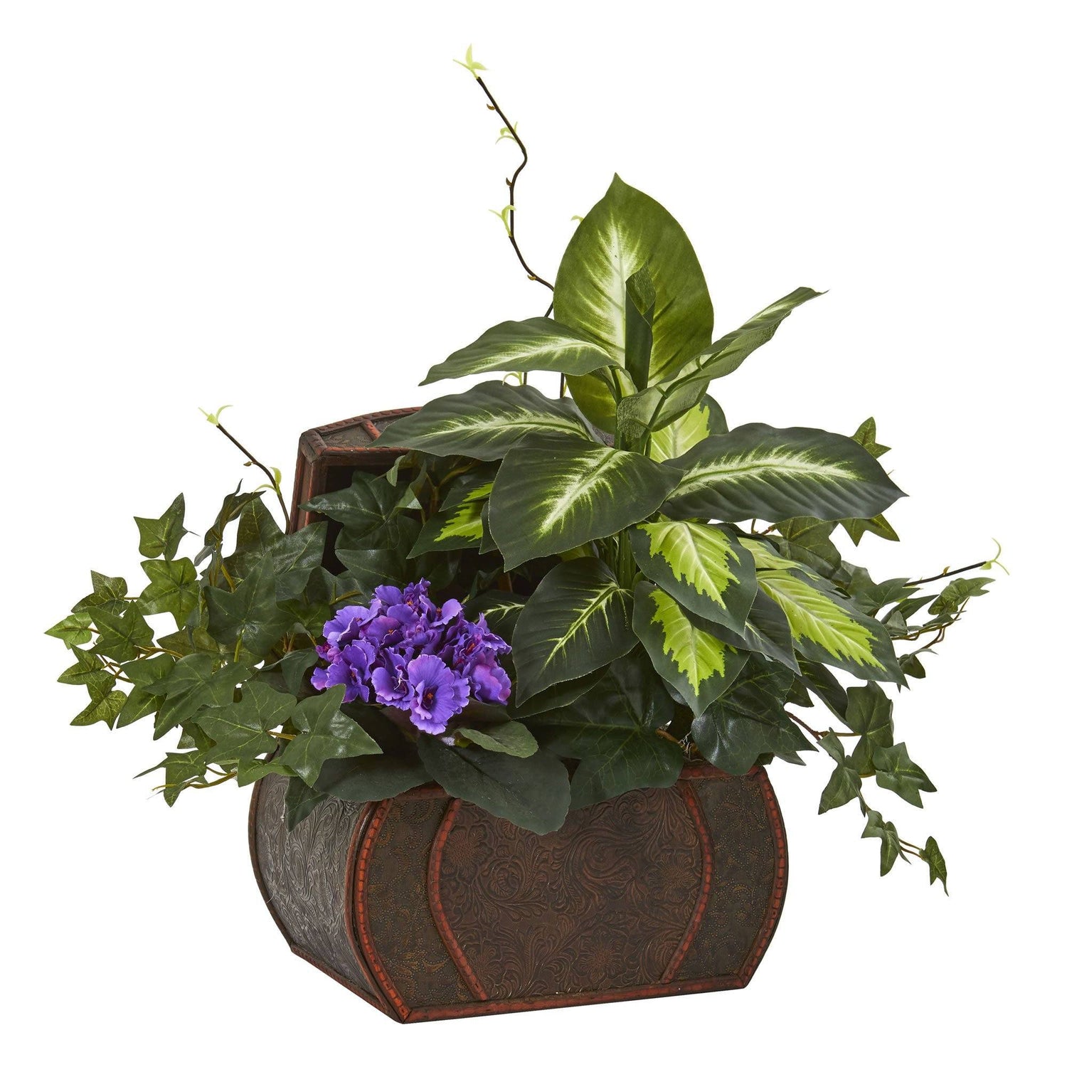 African Violet & Mix Greens Artificial Plant in Decorative Chest