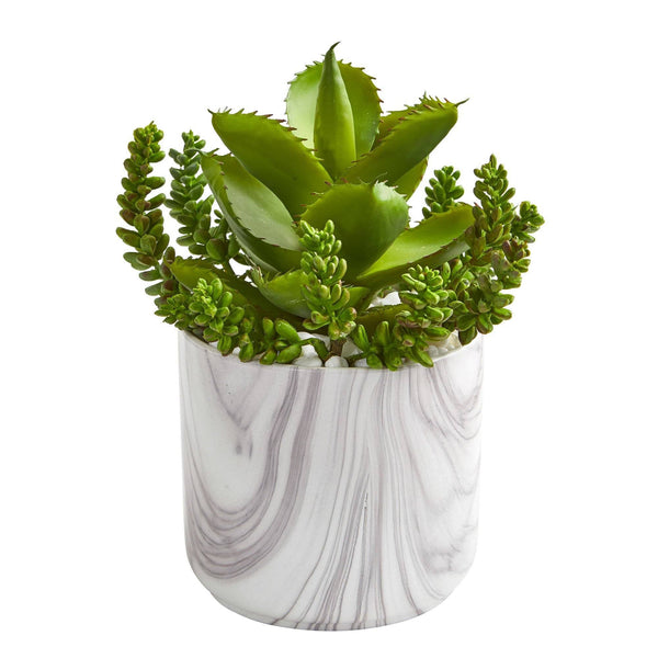 Aloe and Sedum Succulent Artificial Plant in Marble Finish Vase