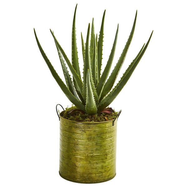 Aloe Artificial Plant in Green Metal Planter