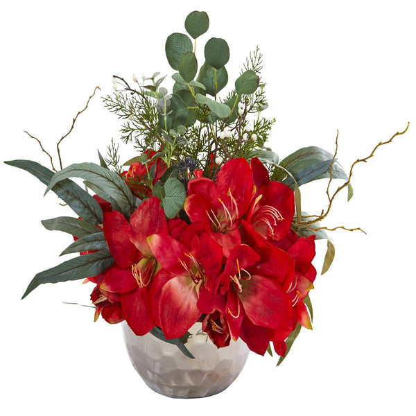 Amaryllis and Eucalyptus Artificial Arrangement in Silver Vase