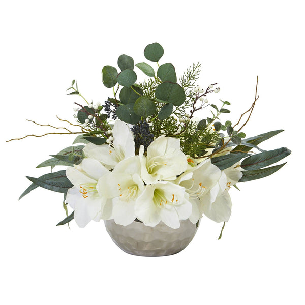 Amaryllis and Eucalyptus Artificial Arrangement in Silver Vase