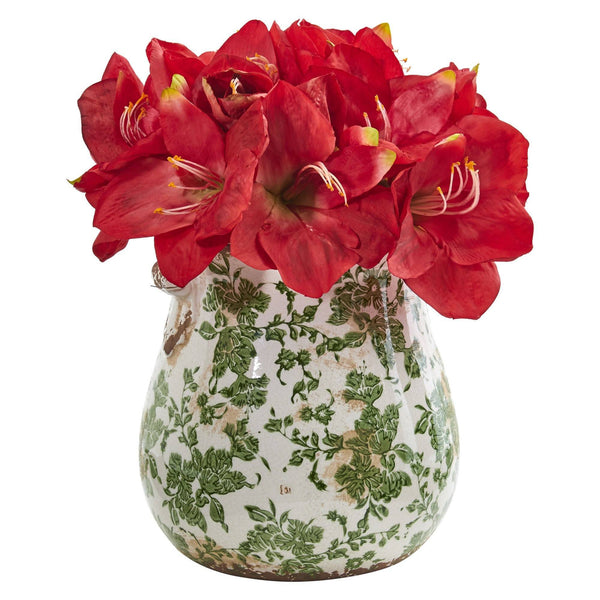 Amaryllis Artificial Arrangement in Floral Print Vase