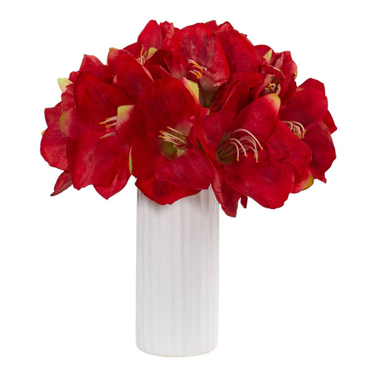 Amaryllis Artificial Arrangement in White Vase 1860 Nearly Natural