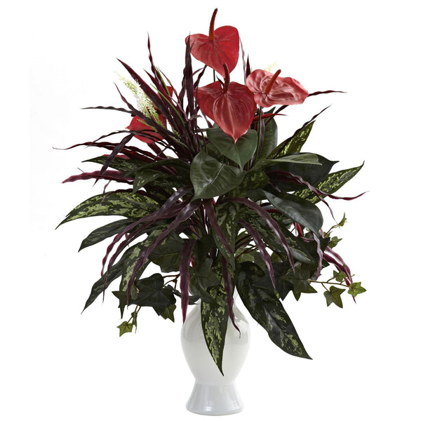 Anthurium w/Mixed Greens & White Vase