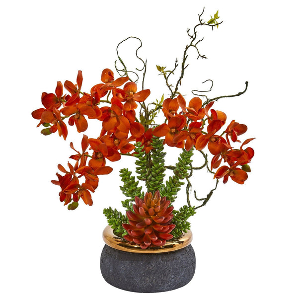 Autumn Phalaenopsis Orchid and Succulent Artificial Arrangement in Vase