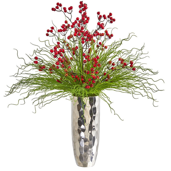 Berry and Grass Artificial Arrangement in Silver Vase