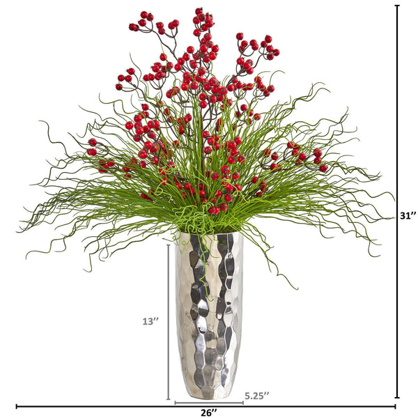 Berry and Grass Artificial Arrangement in Silver Vase