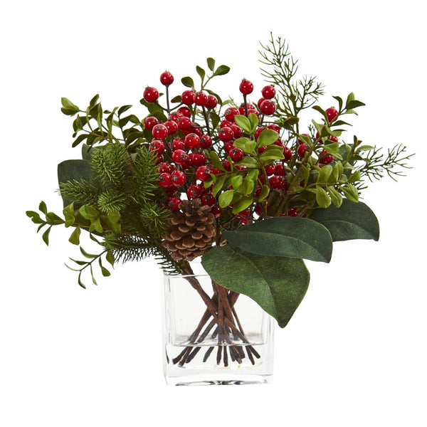 Berry, Pine and Boxwood Artificial Arrangement